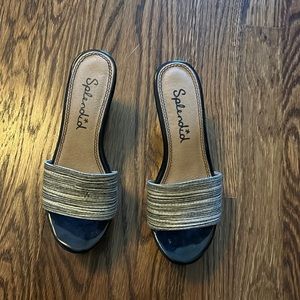 Splendid Brand Size 6 Platform Sandals. Cream and black pattern, brown heel.